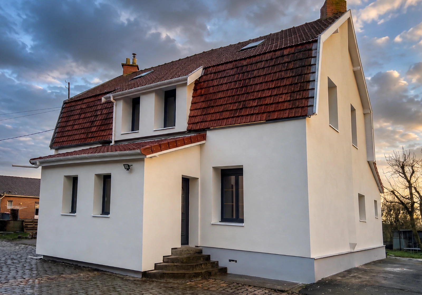 Maison à Bertincourt après isolation extérieure et finition crépi blanc