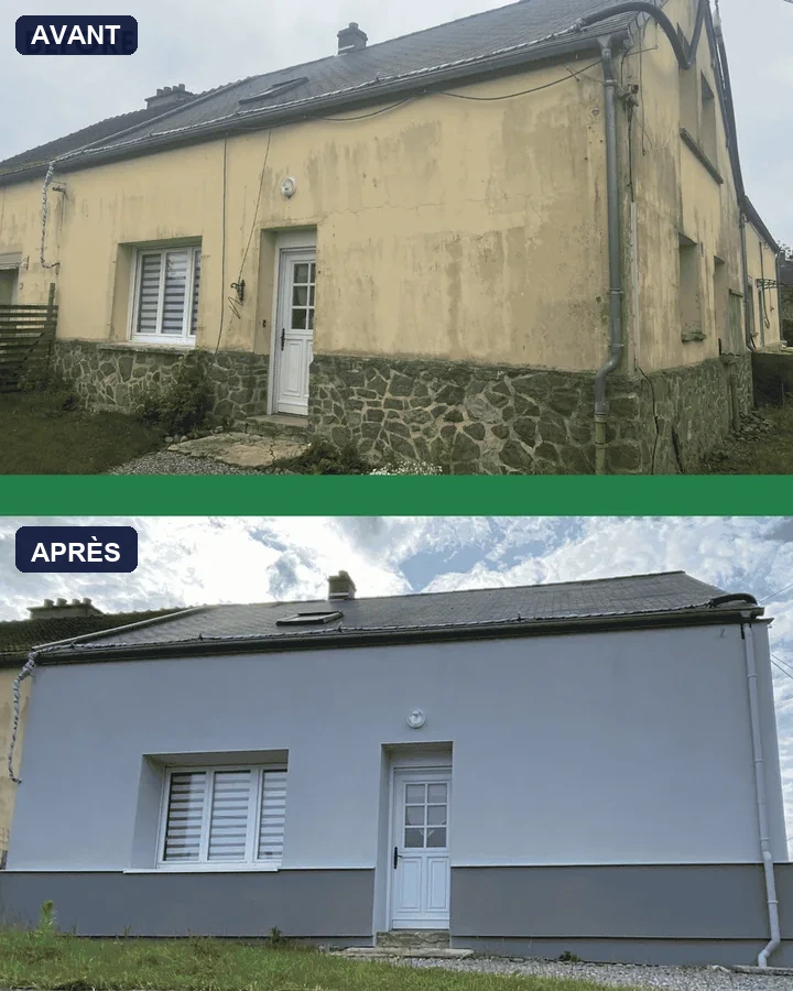 Détail de finition crépi sur une façade rénovée