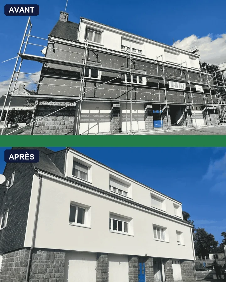 Travail de finition crépi en cours sur l’isolation extérieure